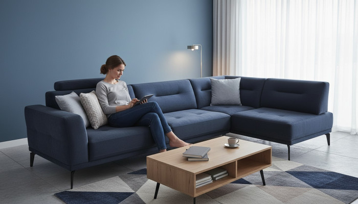 Eck Garnitur Wohnzimmer Dunkelblau L-Form Stoffsofa Modern Design