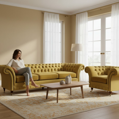 Chesterfield Luxus Set Polstermöbel Sofa Dreisitzer mit Sessel Wohnzimmer
