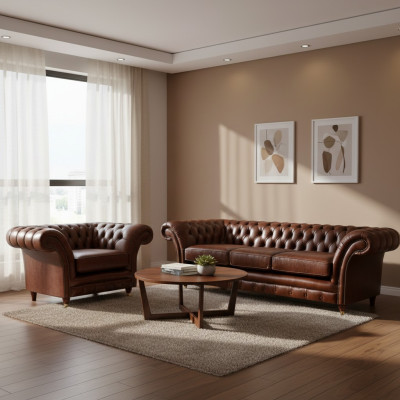 Braun Garnitur 2tlg Dreisitzer Sofa Leder Sessel Chesterfield Wohnzimmer