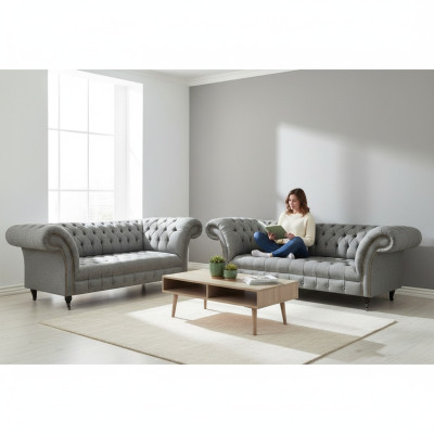 Chesterfield Grau Komplett Wohnzimmer Dreisitzer Sofa Luxus Sessel Neu