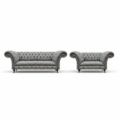 Chesterfield Grau Komplett Wohnzimmer Dreisitzer Sofa Luxus Sessel Neu