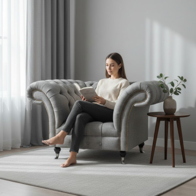 Luxus Sitz Textil Sessel Wohnzimmer Chesterfield Polstermöbel Grau