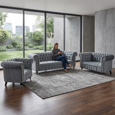 Luxus Set 3tlg Sofagarnitur Wohnzimmer Chesterfield Grau Einrichtung Neu