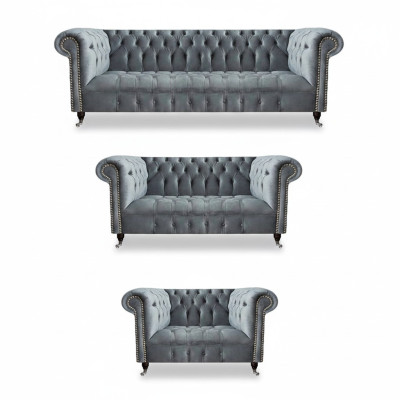 Luxus Set 3tlg Sofagarnitur Wohnzimmer Chesterfield Grau Einrichtung Neu