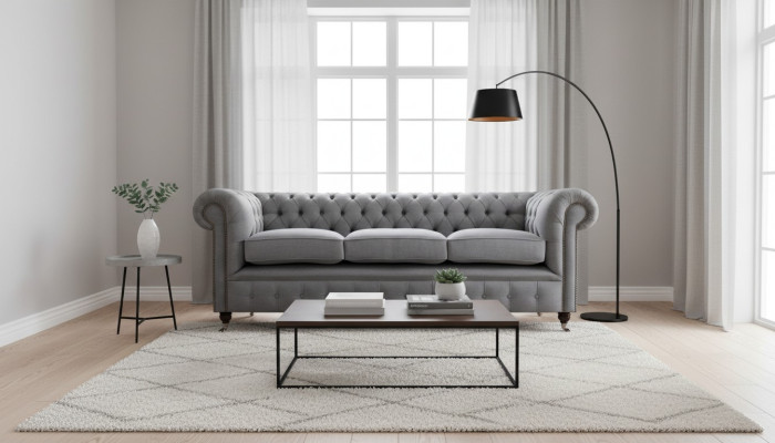 Grau Chesterfield Wohnzimmer Textil Stoff Einrichtung Luxus Dreisitzer Sofa