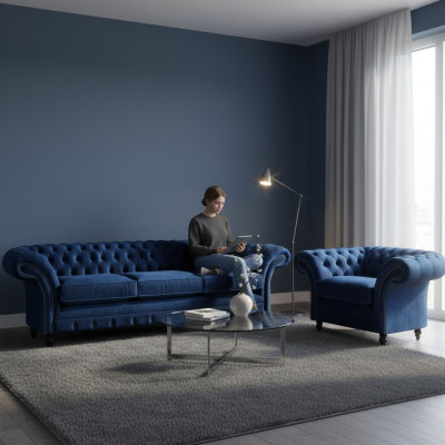 Textil Stoff Design Sofa Polster Couch Blau Dreisitzer Sofa Sessel Chesterfield