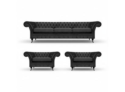 Chesterfield Schwarz Polstermöbel Sofagarnitur Set 3tlg Wohnzimmer 3+1+1