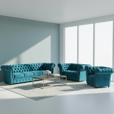 Blau Neu Sofa Set 3tlg Modern Textil Chesterfield Wohnzimmer Komplett