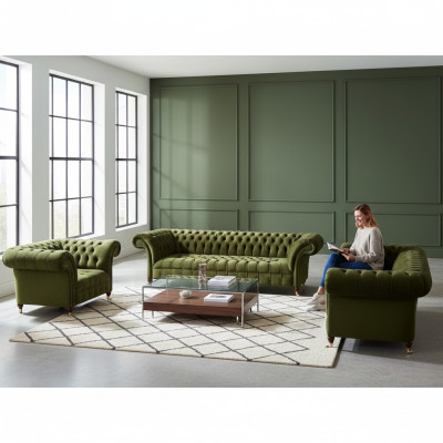 Komplett Grün Sofas Set Sofagarnitur Luxus Textil Einrichtung Chesterfield