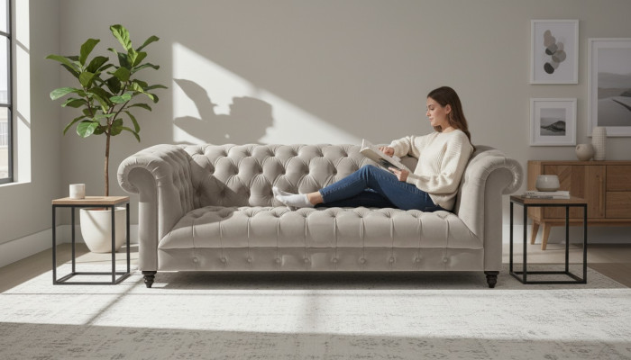 Sofa Dreisitze Couch Wohnzimmer Polstermöbel Couch Grau Chesterfield