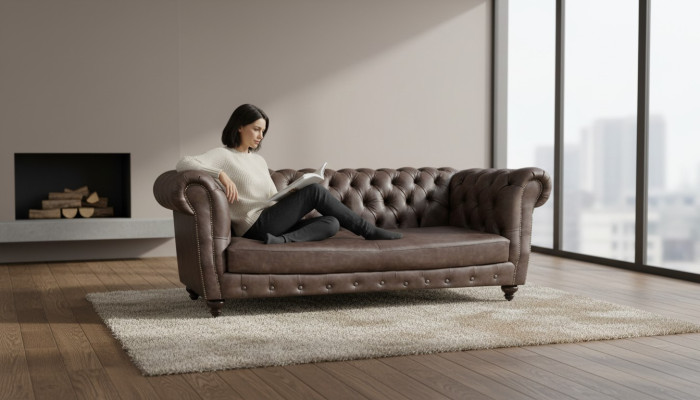 Braun Leder Sofa Dreisitze Couch Einrichtung Wohnzimmer Chesterfield