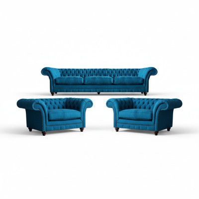 Polstermöbel Blau Sofagarnitur Textil Sitz Möbel Chesterfield Set Einrichtung