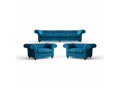 Polstermöbel Blau Sofagarnitur Textil Sitz Möbel Chesterfield Set Einrichtung