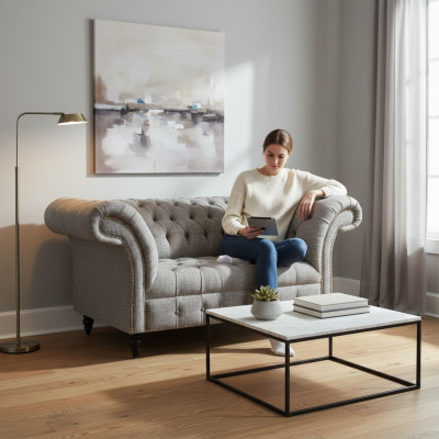 Design Sofa Couch Zweisitzer Grau Sitzmöbel Wohnzimmer Einrichtung Chesterfield