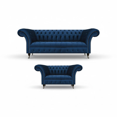 Edle Chesterfield Sofagarnitur Designer Blauer Dreisitzer Polster 2-er