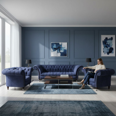 Stilvolle Blaue Chesterfield Möbel Luxuriöse Couchgarnitur Textil Set