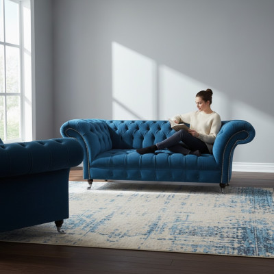 Wohnzimmer Chesterfield Blaue Sofagarnitur Stoffmöbel Polstercouchen