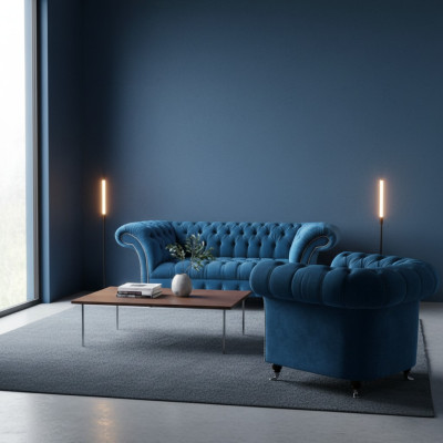 Wohnzimmer Chesterfield Blaue Sofagarnitur Stoffmöbel Polstercouchen