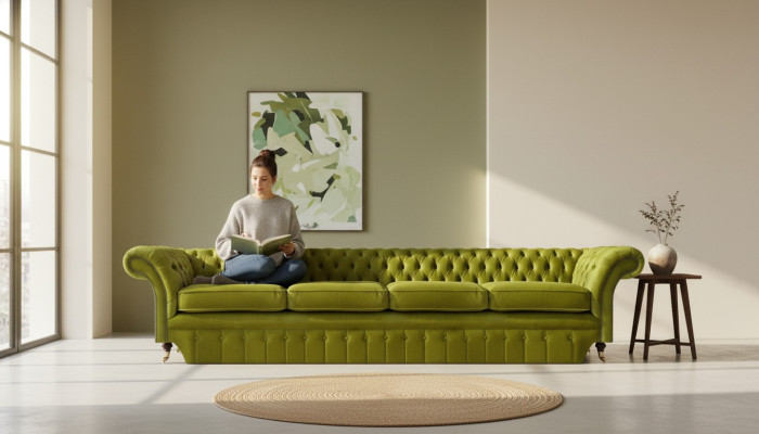 Olivengrüne Chesterfield Möbel Designer 4-Sitzer Couch Textil Sitzmöbel