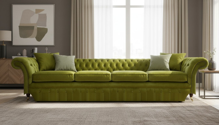 Olivengrüne Chesterfield Möbel Designer 4-Sitzer Couch Textil Sitzmöbel
