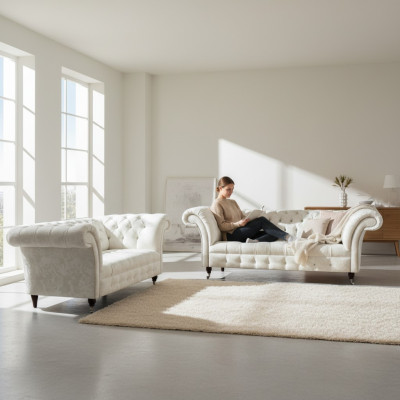 Komplette Weiße Chesterfield Sofagarnitur Moderner 3-Sitzer Luxus 2-er