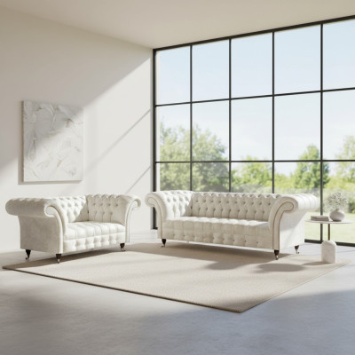 Komplette Weiße Chesterfield Sofagarnitur Moderner 3-Sitzer Luxus 2-er