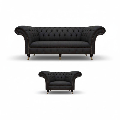 Chesterfield Schwarze Stoffgarnitur Designer 3-Sitzer Polstersessel 2tlg