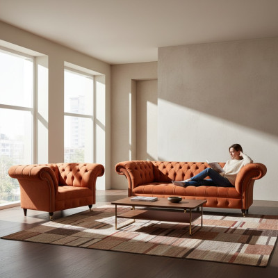 Wohnzimmer Brauner Chesterfield Sessel Moderner Dreisitzer Edle Garnitur
