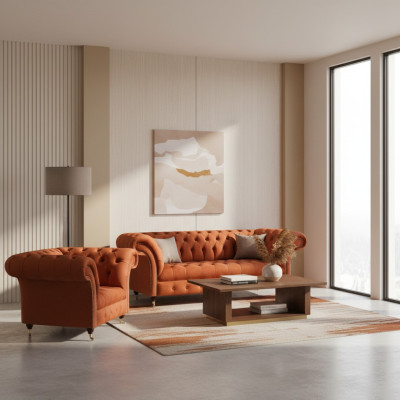 Wohnzimmer Brauner Chesterfield Sessel Moderner Dreisitzer Edle Garnitur