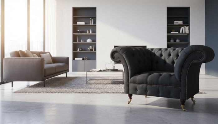 Wohnzimmer Chesterfield Schwarzer Einsitzer Textilsessel Edler Sessel
