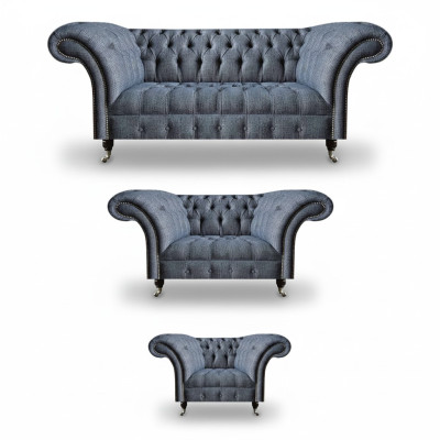 Wohnzimmer Chesterfield Set Designer Graue Sofagarnitur Sessel 3-Sitzer