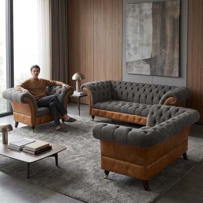 Grau-Braune Chesterfield Stoffsofas Designer Wohnzimmer Polster Möbel