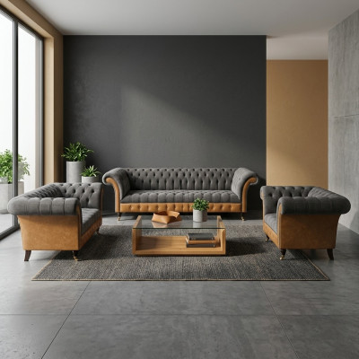 Grau-Braune Chesterfield Sitzgarnitur Polstersofas Textil Couchen 3tlg