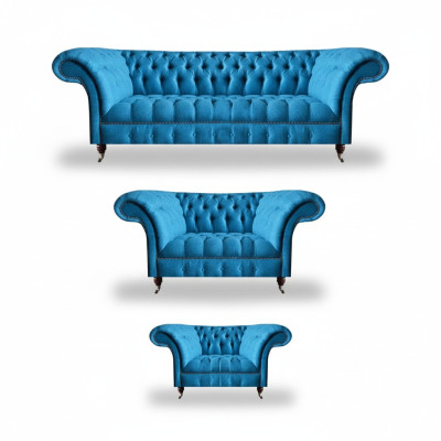 Chesterfield Hellblaue Designer Sitzmöbel Edler 3-Sitzer Zweisitzer 3tlg