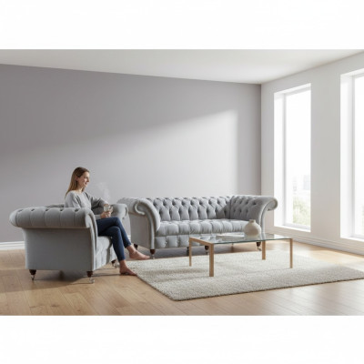 Chesterfield Hellgraue Polster Garnitur Designer 2x Textilsofas 2tlg