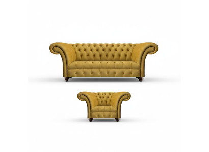 Luxuriöse Chesterfield Gelbe Couch Textil Sessel Moderner 3-Sitzer 2tlg