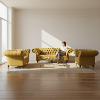 Edle Gelbe Chesterfield Garnitur Polstermöbel Textil Couchen 3tlg Set