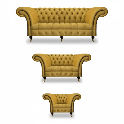 Edle Gelbe Chesterfield Garnitur Polstermöbel Textil Couchen 3tlg Set