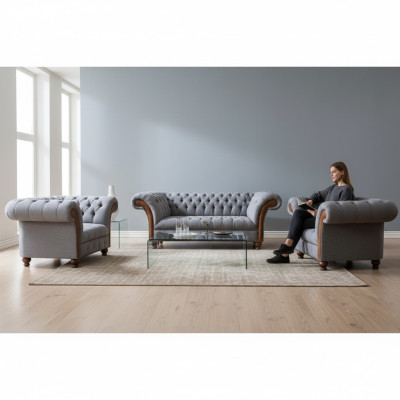 Hellgraue Chesterfield Luxus Garnitur Wohnzimmer 3-Sitzer Couch Sessel