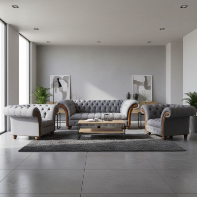 Hellgraue Chesterfield Luxus Garnitur Wohnzimmer 3-Sitzer Couch Sessel
