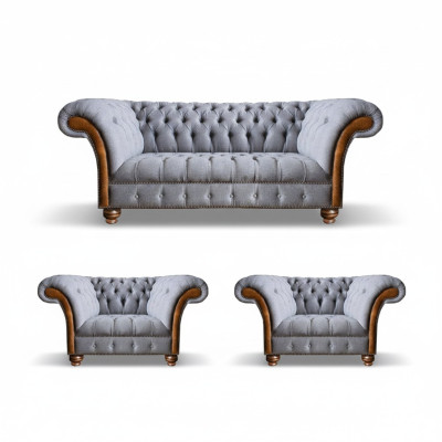Hellgraue Chesterfield Luxus Garnitur Wohnzimmer 3-Sitzer Couch Sessel