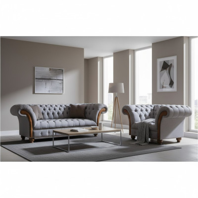 Luxuriöse Chesterfield Hellgraue Sofagarnitur Polstersofas Edler Sessel