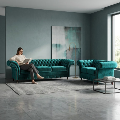 Grüne Chesterfield Polstersofas Wohnzimmer 2x Sofas Zweisitzer 3-Sitzer