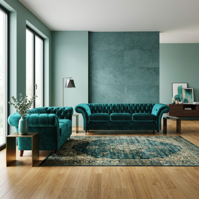 Grüne Chesterfield Polstersofas Wohnzimmer 2x Sofas Zweisitzer 3-Sitzer