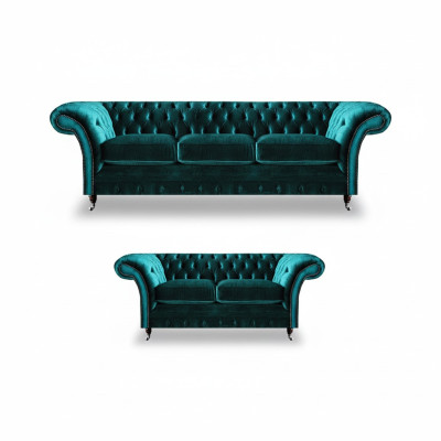Grüne Chesterfield Polstersofas Wohnzimmer 2x Sofas Zweisitzer 3-Sitzer