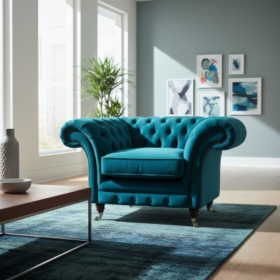 Sessel Blau Luxus Stil Chesterfield Wohnzimmer Polster Stoff Modern Textil