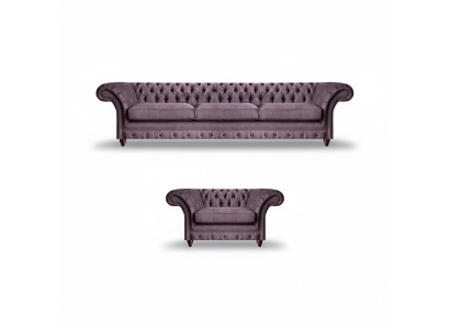 Lila Chesterfield Polstergarnitur Stilvoller Dreisitzer Textil Sessel
