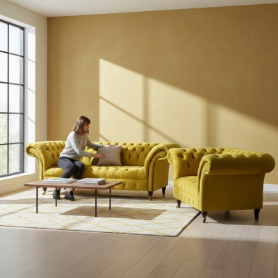 Stilvolle Gelbe Chesterfield Polstergarnitur Wohnzimmer Couchen 2tlg
