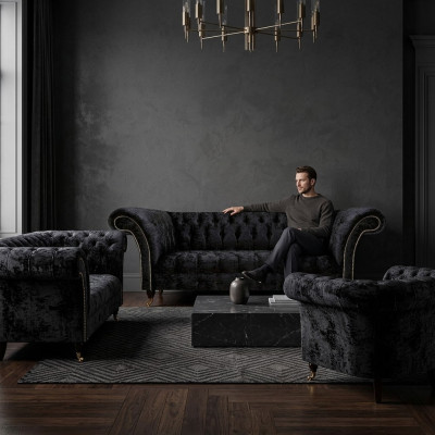 Schwarze Textil Chesterfield Garnitur Edler Dreisitzer Lehnsessel 3tlg
