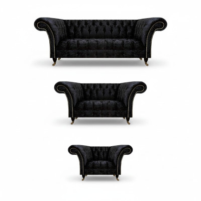 Schwarze Textil Chesterfield Garnitur Edler Dreisitzer Lehnsessel 3tlg